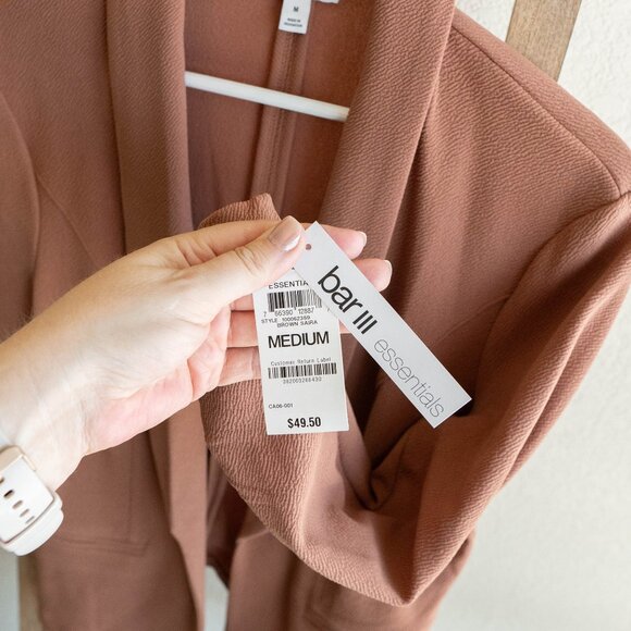 NWT Bar III Size Medium Brown Saira Open Front Jacket with Ruched Sleeves - Picture 2 of 6